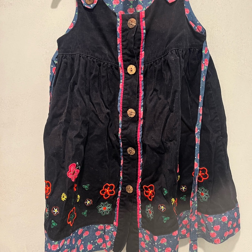 Floral Embroidered & Black Corduroy Girls Jumper-Dress